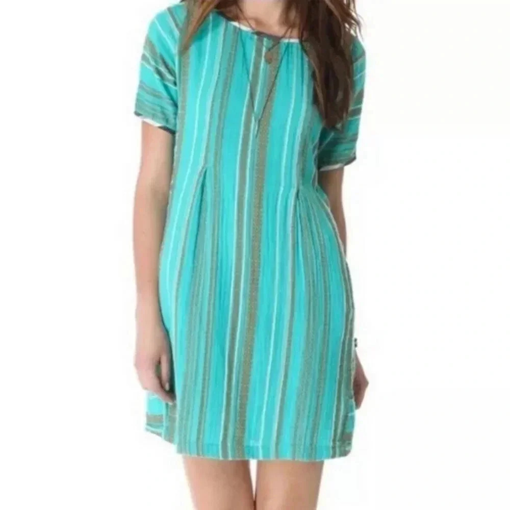 Ace & Jig Dress Turqoise Blue Pockets Striped Button Long Sleeve Size XS